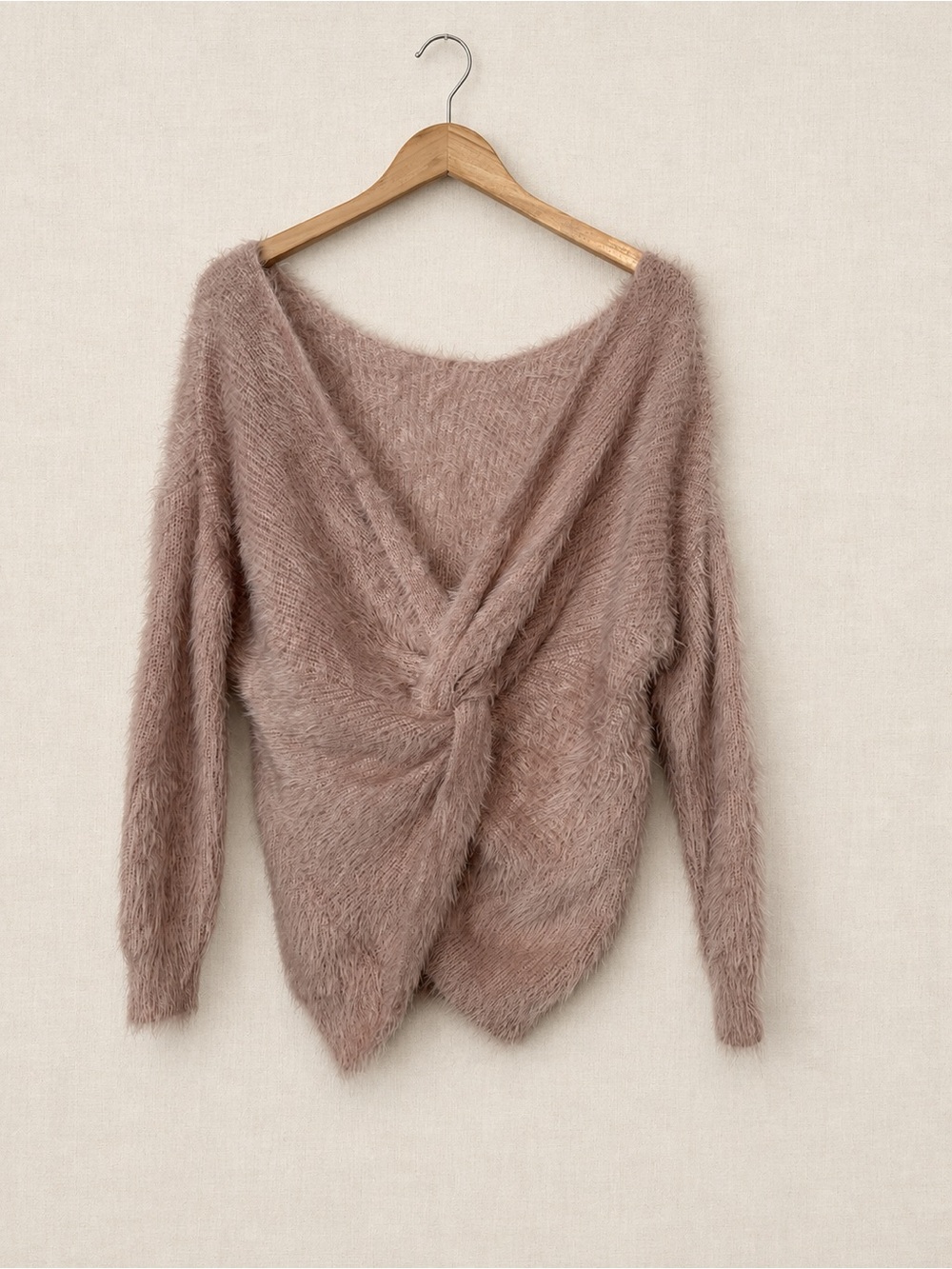 Off-the-Shoulder Twist Fuzzy Sweater - Dusty Mauve